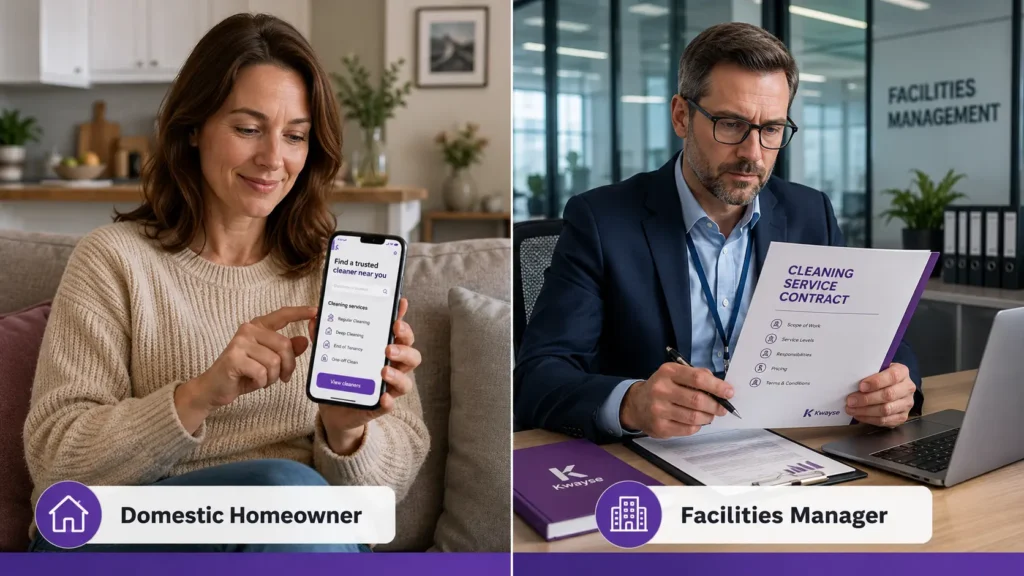 Split visual showing the two client types side by side. Left panel: domestic homeowner searching on phone. Right panel: facilities manager in an office reviewing contract documents.