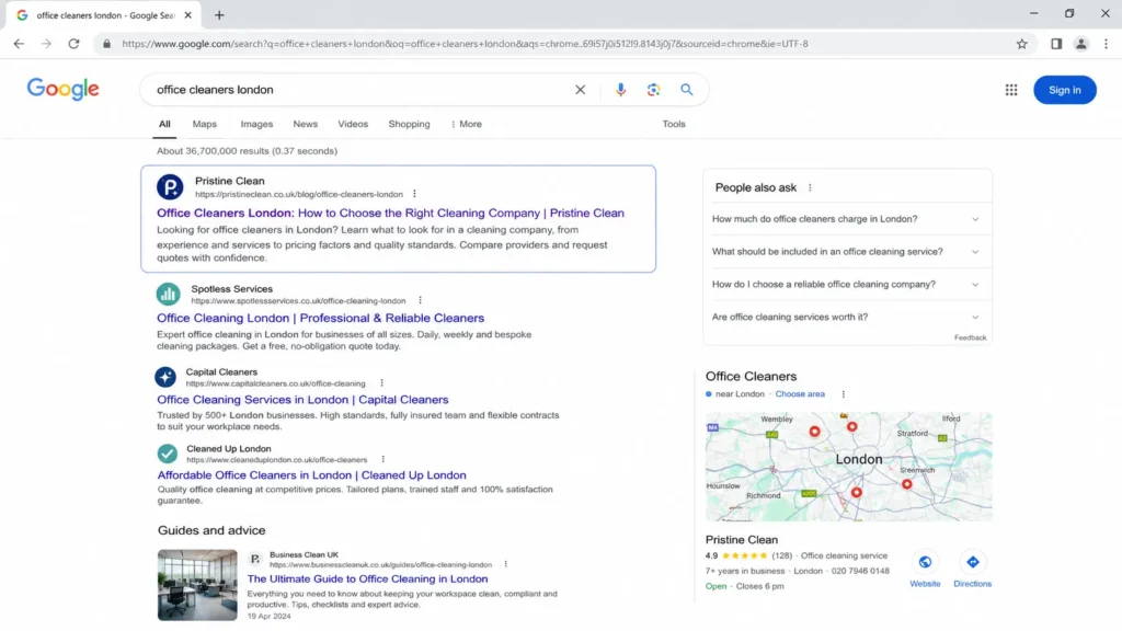 A screenshot of a Google search results page showing a cleaning company blog article ranking for an informational cleaning query. 
